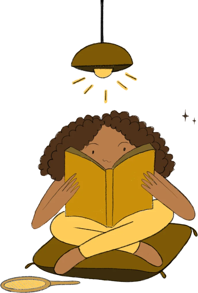 Ilustração da Thais lendo um livro, sentada numa almofada